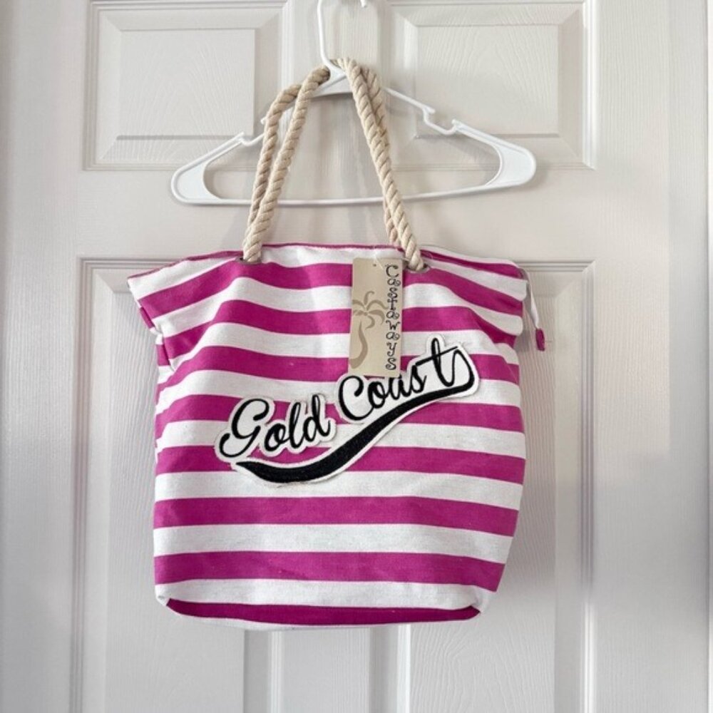 Striped Canvas Beach Tote Bag – Pink/White “Gold Coast” – Rope Handles